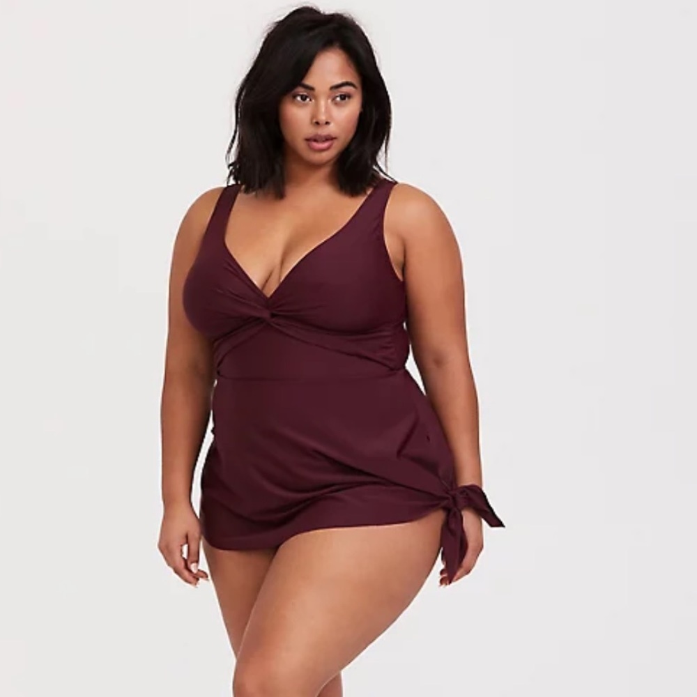 Torrid Burgundy Red Asymmetrical Wireless One-Piece Swim Dress